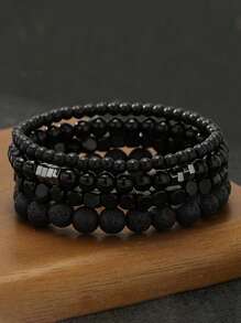 4pcs Vintage Matt Black Beaded Bracelets & Wooden Bead Bracelets For Men - Punk Style, Casual Street Fashion Accessories, Gift For Father's Day