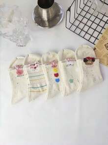 5 Pairs Random Cat Stripe Women Crew Socks - Multicolor - View 3