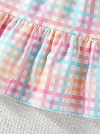 女童可爱腰部荷叶边撞色拼接俏皮小盖袖清新格子高腰百褶轻薄连衣裙春夏