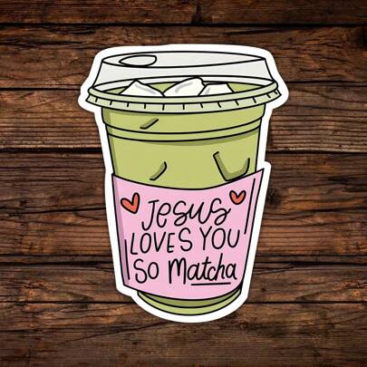 1 PIEZA Pegatina de Jesús con Matcha, para laptops, cuadernos, botellas de agua, Mezclando fe y energía diaria con un toque lúdico, perfecto para creyentes que aman el té Matcha y quieren expresar su espiritualidad con humor y estilo, agrega un toque único e inspirador a tus artículos, gran regalo para amigos que aprecian diseños inspiradores y divertidos
