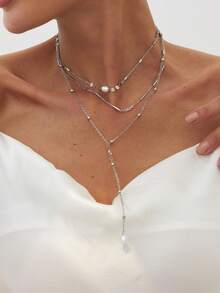 1pc Vintage Creative Faux Pearl Waterdrop Y-Shaped Pendant Necklace, Women's Elegant Fashion Crystal Decor Multi-Layered Charm Necklace - Silver - View 12