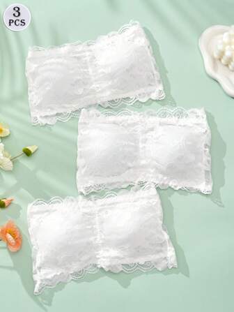 DORSU 3pcs/Set White Strapless Lace Camisole With 3 Buttons, Sexy Basic Camisole Underwear For Women