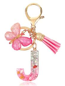 Personalized Bling Monogram Keychain For Women - Resin Letter Charm With Silvery Glitter, Pink Pebble & Gold Star Shaker - Birthday Gifts For Her, Anniversary Present With Pink Tassel & Butterfly Accent Car Accessories Bag Charm School Cute Goth Y2k - Pink - View 19