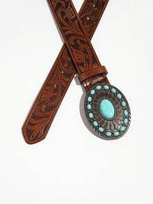 1pc Women's Brown Agate Round Buckle Floral Embossed Belt, Versatile Jeans Accessory Fall, Autumn, Halloween - Brown Blue Agate Disc - View 5