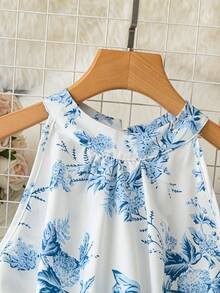 女士印花圆领百褶下摆系带无袖连衣裙 - 白色 - 查看 2