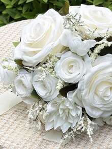 1 pezzo Fiore artificiale rosa con nastro per sposa da tenere al matrimonio, stile campagnolo, accessorio per abito da sposa e foto