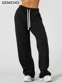 GEMCHO Wide Leg Casual Solid Color Adjustable Drawstring Waist Loose Fit Sports Pants With Side Pockets Daily