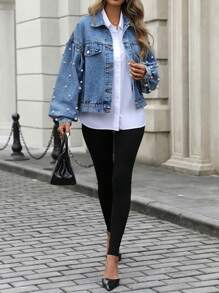 Mobula Sound Brand Women Casual Loose Pearl Decor Denim Jacket, Versatile Fashion For Daily, Party, Travel, Airport All-Matching, Spring/Summer
