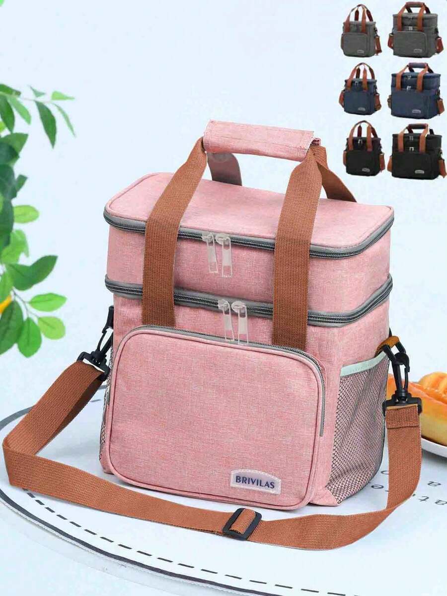 1Pc Pink Double Layer Insulated Lunch Bag, Leakproof Oxford Cloth Portable Lunch Box For Work, School, Picnic, Beach With Shoulder Strap, Side Pocket – Reusable And Easy To Clean, Hand Wash Bag For School School Accessories School Stuff - Multicolor - View 1