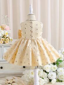 Vestido elegante para niñas pequeñas con decoración de gran lazo y flores 3D en malla de color champán, adecuado para vestido de noche - Champán - Ver 2
