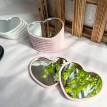 Heart Shaped Mini Mirror, Polished Surface, Plastic Frame, Tabletop Mounting, Fragrance-Free, Floral Theme, Portable, No Electricity Required, Glass Surface - Pink/White/Black Options