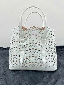 Women Tote Bag, Summer New Hollow-Out Handbag, Versatile Structured Bag, Shoulder Bag, Minimalist Solid Color Large Capacity Bucket Bag, Nested Bags - White - View 7