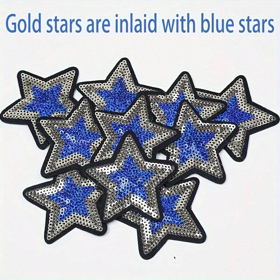 30/20-Pack Star-Shaped Iron-On Embroidered Applique Patches With Golden And Blue Sequins For Clothing And Bag Decoration