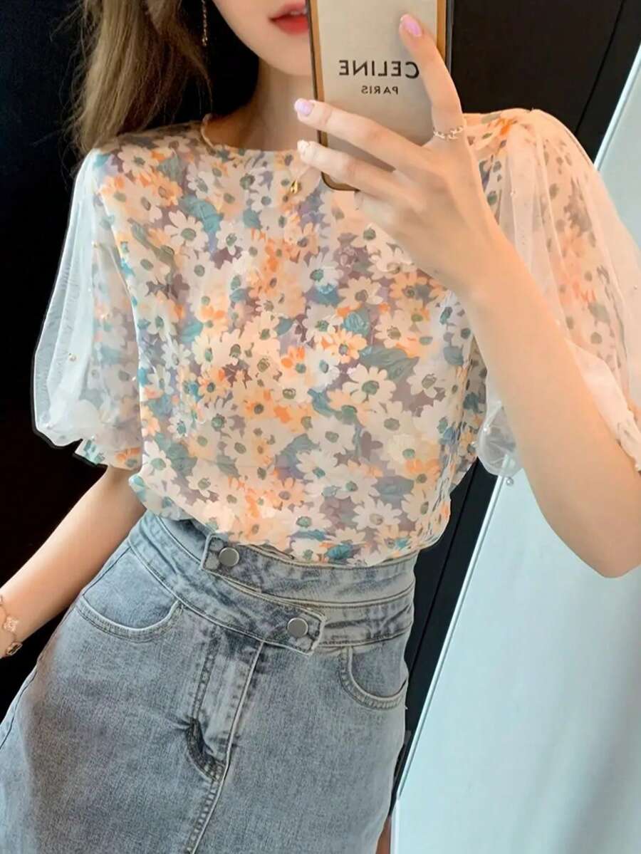 Women's Floral Print Mesh Beaded Petal Sleeve Blouse, Casual Wear Summer