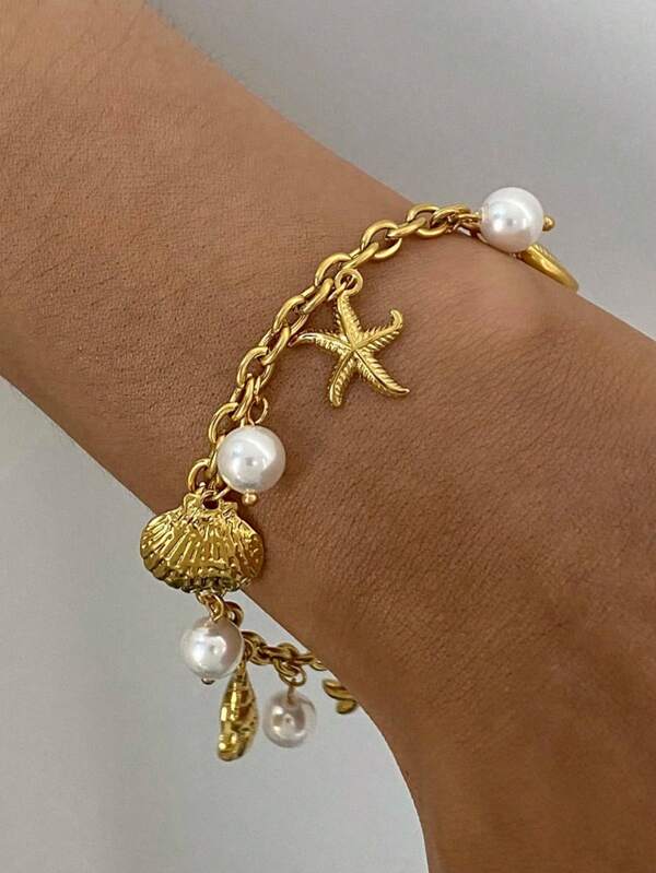 Collier et bracelet femme à motif étoile de mer, bracelet en acier inoxydable plaqué or 18 carats, perle coquillage, imperméable, bijou de plage cadeau