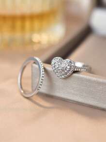 2pcs Rhinestone Heart Shaped Fashion Rings For Women, Suitable For Daily Outfit, Party, Holiday Gifts