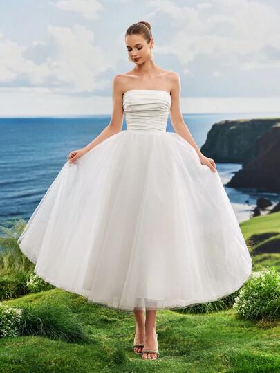 Vestido de festa feminino, cor sólida, simples, sem alças, franzido, branco, para férias, malha, elegante, espartilho, para chá de panela, adequado para formatura, jantar, noiva