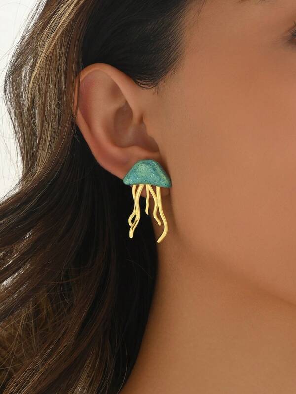 1 Pair Enamel Glow-In-The-Dark Jellyfish Decorative Gold-Plated Copper Earrings, Suitable For Women Daily Wear & Holiday Gift