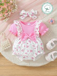Infant Girls' Cute Ditsy Floral Ruffle Collar Textured Bodysuit With Headband, Summer
