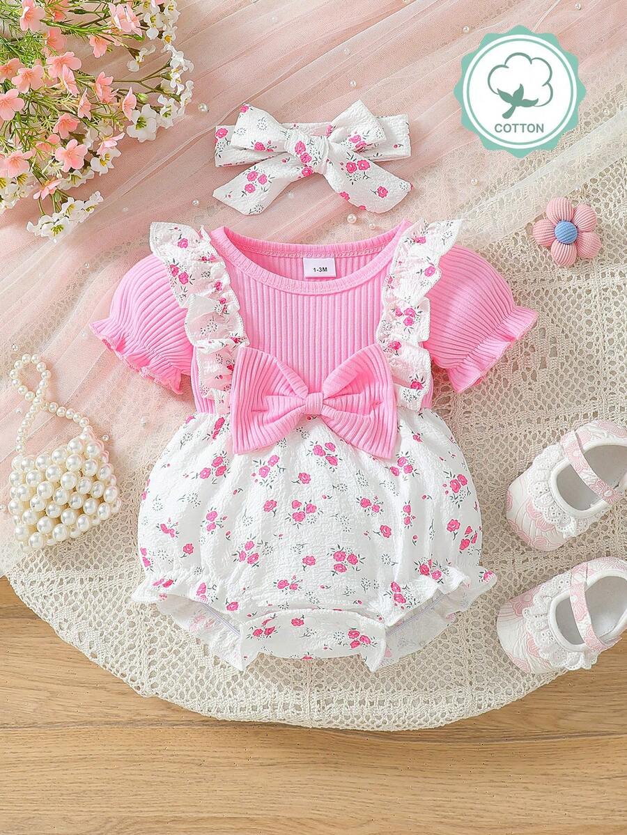 Infant Girls' Cute Ditsy Floral Ruffle Collar Textured Bodysuit With Headband, Summer
