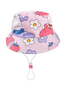1 Pieza Sombrero de cubo rosa con diseño de flor y conejo de dibujos animados para niñas, adecuado para actividades al aire libre diarias, playa, protección solar - Rosa - Ver 1