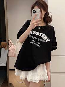 女士字母印花圆领短袖休闲宽松T恤 - 黑色 - 查看 7