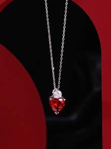 1pc 925 Silver Plated Platinum Zirconia Purple Heart-Shaped Pendant Necklace, Creative Personalized Clavicle Chain, Lightweight Luxury Suitable For Women, For Valentine's Day, Dates, Parties, Daily Wear