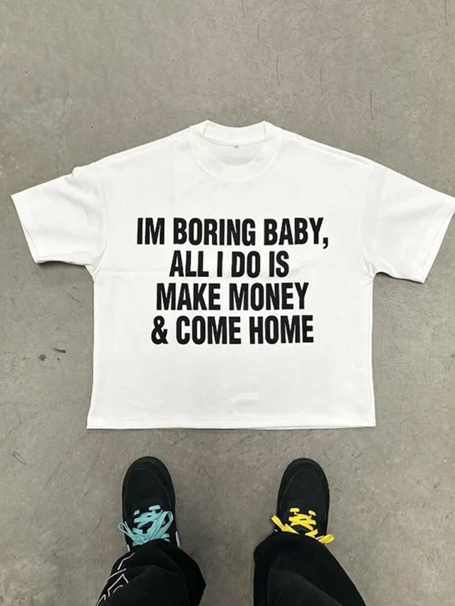 (220 Cotton T-Shirt) Letter Printed Men's Casual Soft 100% Cotton Full Collar Round Neck Short Sleeve T-Shirt - 白色 - 查看 1