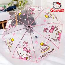 【Hello Kitty | 可爱】三丽鸥Hello Kitty | 可爱透明雨伞 可折叠手动三折卡通动漫雨伞 | 可爱防雨 卡通主题雨伞 透明伞面 夏季清凉 沙滩 旅行