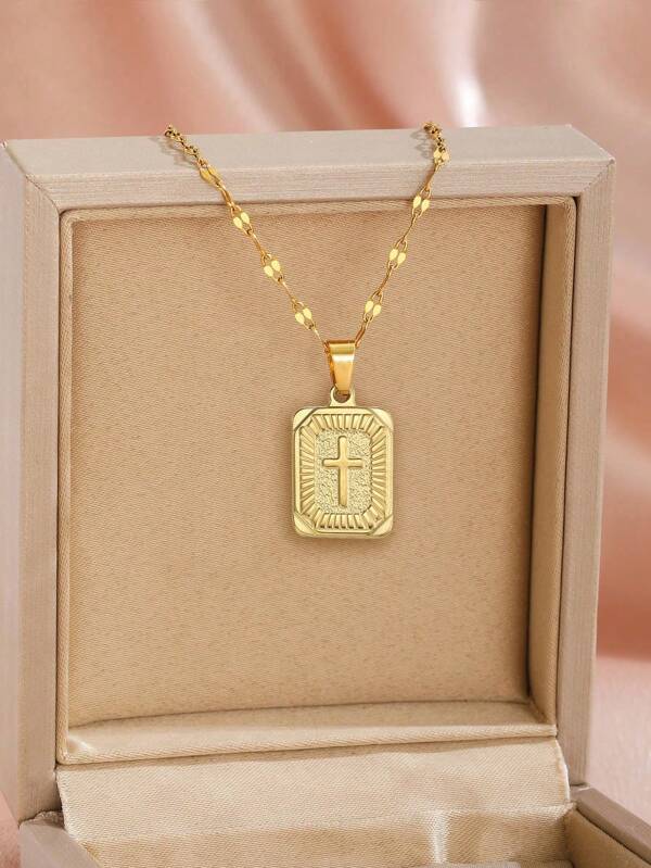 1pc Fashionable And Popular Cross Detail Square Pendant Stainless Steel Necklace For Boys Girls Street Party Sports Jewelry Accessory For Daily Wear