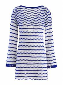 Sexy Striped Chic V-Neck Cut Out Bell Sleeve Knit Mini A-Line Dress 2025 Summer Women Seaside Holiday Swimsuit Cover Up