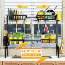 Dish Drainer Rack - Over The Sink Dish Drying Rack With 4 Basket, 2-Tier Expandable (24.8 "-35.4") Kitchen Dish Rack With Metal Hook, Large Dish Drying Rack, Black - 1 - View 2