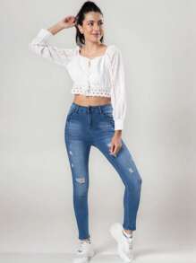 Vaqueros, primavera, verano, otoño e invierno, leggings con cremallera frontal y botones de color azul liso para mujer, vaqueros lavados