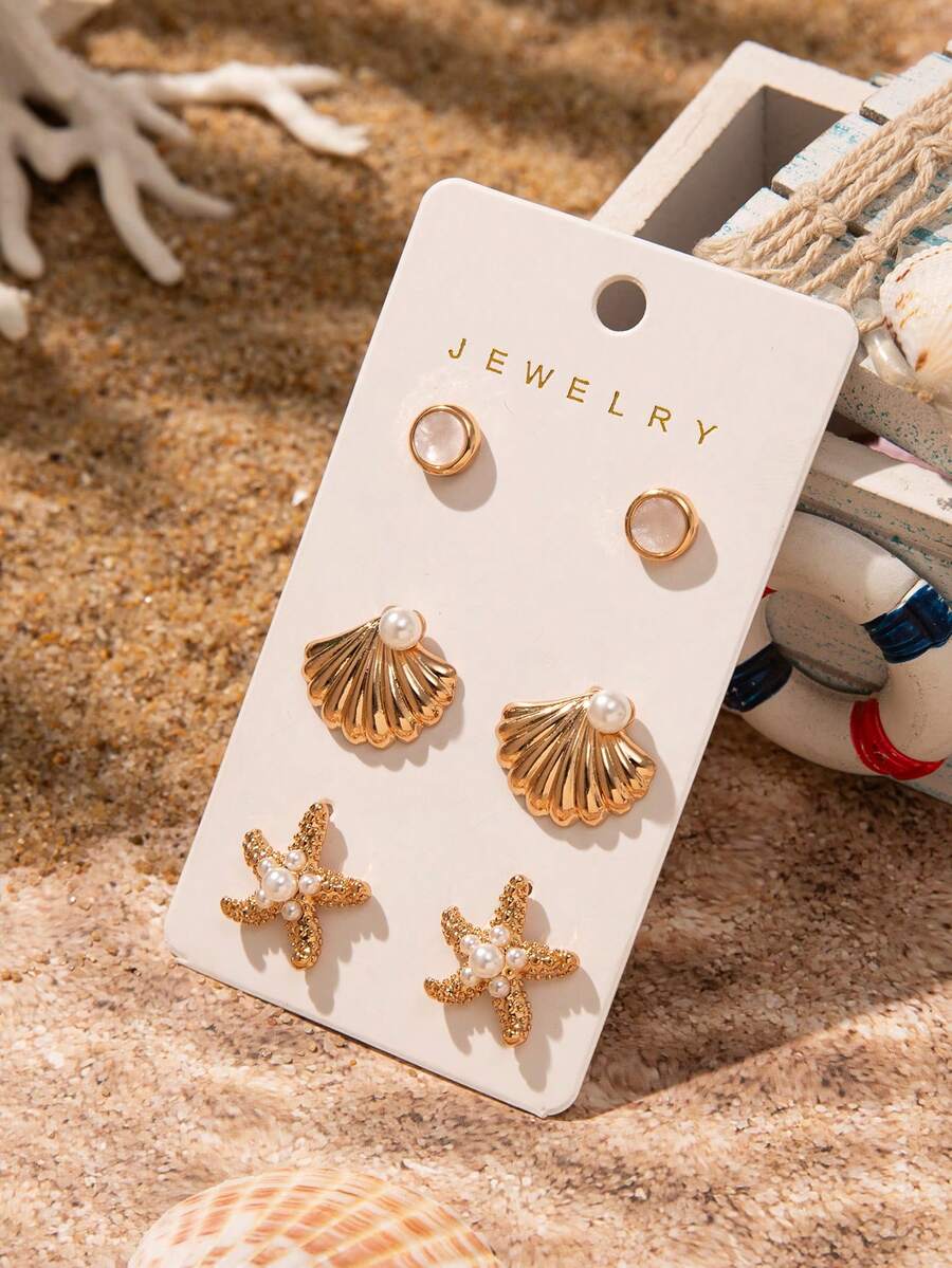 3pairs Golden Color Sea Shell & Starfish Earrings Set, Beach Jewelry For Summer Vacation - Multicolor - View 1