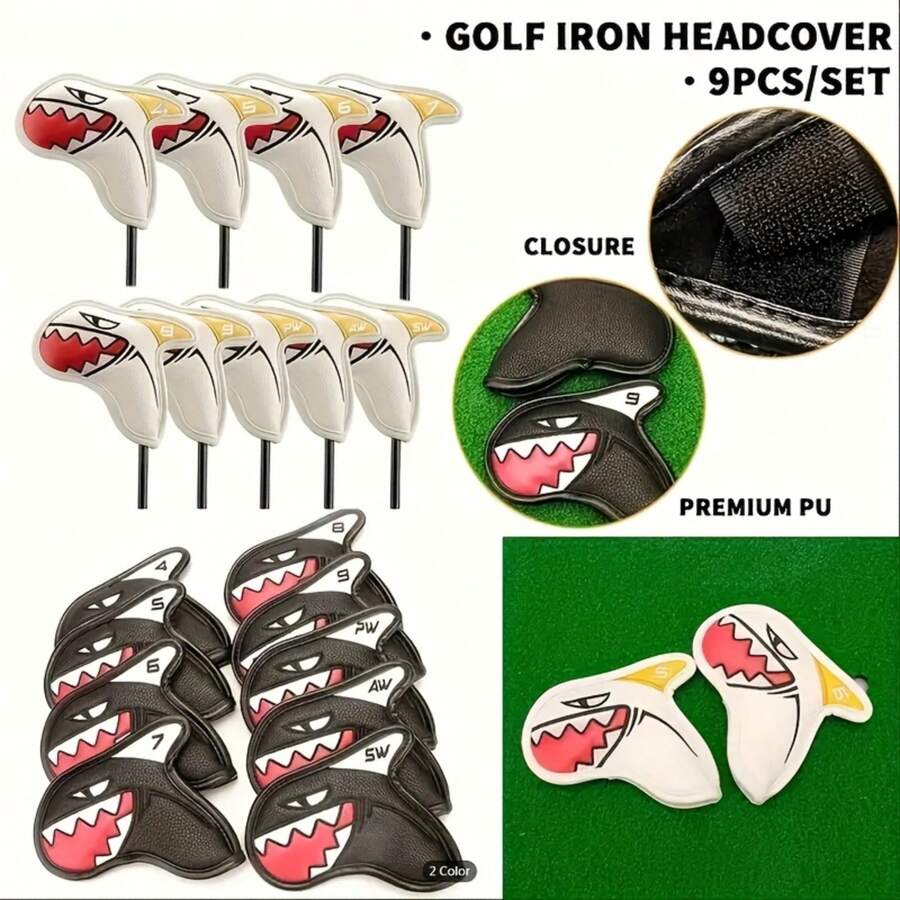 9pcs PU Waterproof And Wear-Resistant Covers With Cute Shark Pattern Design, Golf Club Head Covers - Multicolor - View 1
