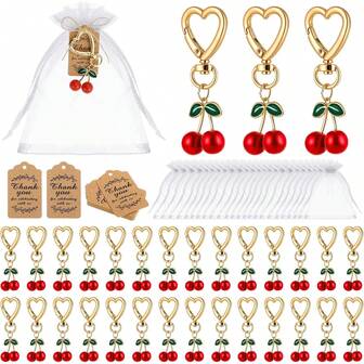 5 Set Of 15 Pcs Cherry Keychain Bulk Party Favor Gifts Accessories Red Cherry Keyrings Present With Thank You Tags Organza For Guests Women Cute Bag Wallet Purse Charms Fruit Party Favors Supplies Car Accessories Bag Charm School Fruit Goth Y2k Halloween Accessories Teachers Day Christmas