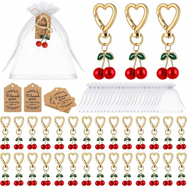 5 Set Of 15 Pcs Cherry Keychain Bulk Party Favor Gifts Accessories Red Cherry Keyrings Present With Thank You Tags Organza For Guests Women Cute Bag Wallet Purse Charms Fruit Party Favors Supplies Car Accessories Bag Charm School Fruit Goth Y2k Halloween Accessories Teachers Day Christmas