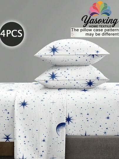 Conjunto de lençóis com estampa de estrelas e lua branca, 4 peças, microfibra macia e fácil de cuidar, conjunto de lençóis com elástico floral (1 lençol liso + 1 lençol com elástico + 2 fronhas), conjunto de lençóis com elástico, tamanho king/queen, tamanho duplo, lençol com bolso profundo, fronha de até 11,8 polegadas, macio, respirável e sem rugas, melhor para dormir, estilo hotel de luxo, presente para mãe, pai e amigo