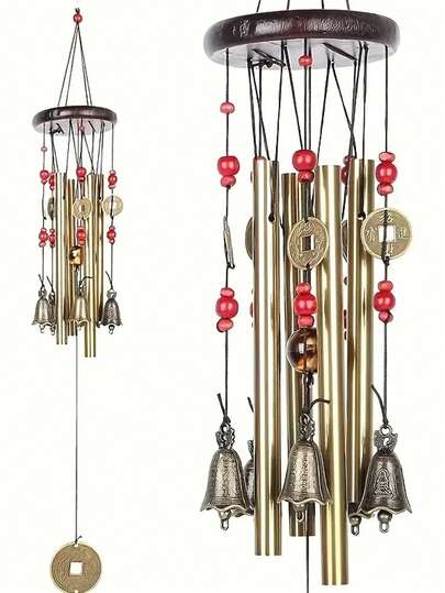 1pc Antique Bronze Wind Chime With Bells And Coins - Vintage Metal Garden Decor, Feng Shui Wind Chime, Lucky Wind Chime, Suitable For Patio, Backyard And Home, Outdoor Wind Chime