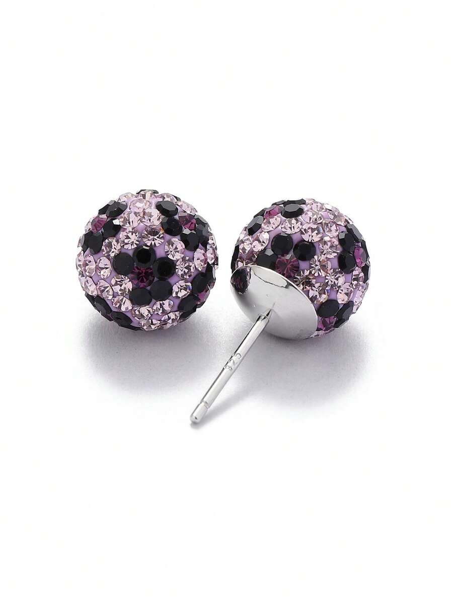 1 Pair, Elegant & Simply Style, 925 Sterling Silvery Ball With Leopard Print Stud Earrings Inlaid Shiny Rhinestone, Delicate Temperament Accessory For Daily Wear & Party - Purple Leopard Print - View 1