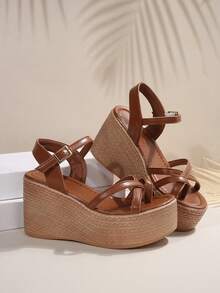 2025春夏新款女士坡跟厚底沙滩度假编织绑带高跟凉鞋，连衣裙风格时尚高跟拖鞋 - 棕色 - 查看 7