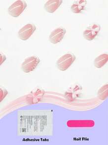 24 piezas Uñas postizas de diseño de perlas rosas y lazos de estilo Y2k en forma de ataúd medio, adecuadas para el suministro de uñas de uso diario para mujeres y niñas. uñas falsas uña falsa uña acrílica