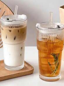 1pc 20.29oz Large Striped Glass Cup With Lid - Insulated, Reusable, Suitable For Cold Drinks, Juices And Coffee - Ideal For Home, Office And Holiday Gatherings