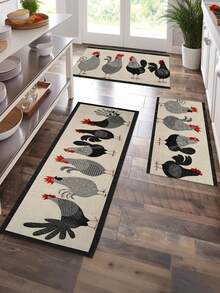 Tapete de Cozinha Antiderrapante com Estampa de Família de Galo e Galinha em Veludo Aveludado - Durável Poliéster, Lavável em Máquina, Tapete Retangular para Sala de Estar, Área de Jantar e Entrada, Adequado para Carpete de Piso de Cozinha