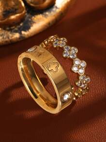 2 Stück Edelstahl mit 18 Karat Vergoldung Kleeblatt Ringe, eleganter Damen Armreif Schmuck, geeignet für den täglichen Gebrauch und als Geschenk