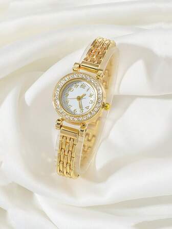 1pc Women Gold Zinc Alloy Strap Glamorous Rhinestone Decor Round Dial Quartz Watch, For Daily Life Holiday As A Gift For Students Returning To School