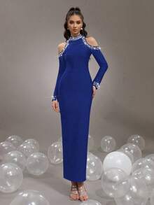 Elegant Black High Neck Off-Shoulder Long Dress, Featuring Pearl And Rhinestone Embellished Sleeves, Fitted Design, Suitable For Party, Wedding Guest Wear - Navy Blue - View 2