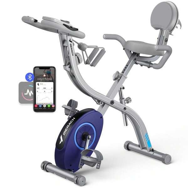 MERACH Bicicleta estática plegable 4 en 1, con monitor LCD y pulsometro, ergómetro magnético y cómodo asiento, ideal para el hogar y ahorra espacio.