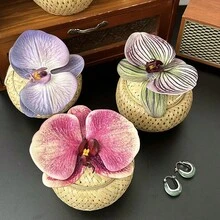 1个优雅藤编花卉圆形首饰盒，时尚桌面迷你收纳盒，适合优雅女士，是生日礼物、贴心节日礼物以及家居装饰和饰品收纳的理想之选。这款多功能收纳盒设计适用于各种场合，为您的空间增添独特而实用的收纳方案。 - 彩色 - 查看 5