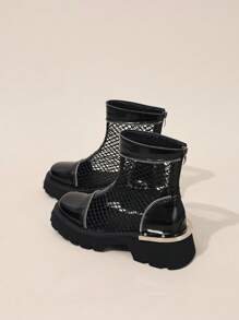 Punk Style Patchwork Hollow-Out Boots Short Boots For Women, Summer Thick Sole Mesh Breathable Metal Buckle Back Zipper Sandals